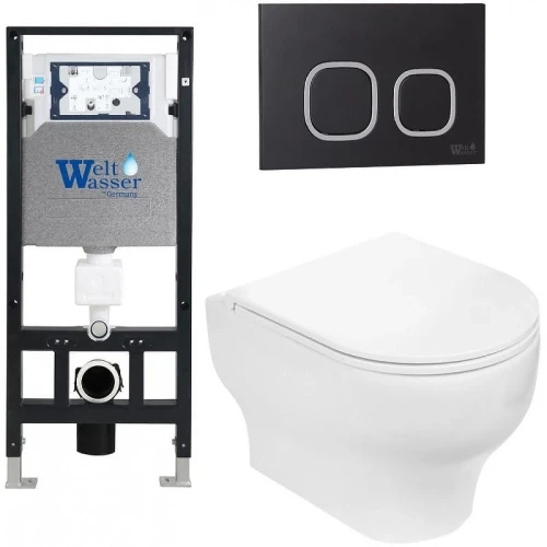 Комплект унитаза с инсталляцией WeltWasser AMBERG 506 + ERLENBACH 004 GL-WT + AMBERG RD-BL 10000006771 цвет Белый глянцевый с сиденьем Микролифт и клавишей смыва цвет Черный