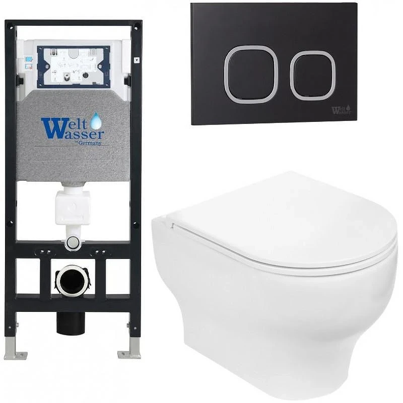 Комплект унитаза с инсталляцией WeltWasser AMBERG 506 + ERLENBACH 004 GL-WT + AMBERG RD-BL 10000006771 цвет Белый глянцевый с сиденьем Микролифт и клавишей смыва цвет Черный