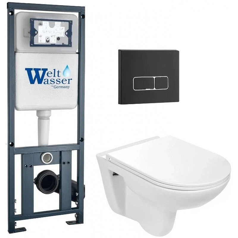 Комплект унитаза с инсталляцией WeltWasser MARBERG 410 + BAARBACH 004 GL-WT + MAR 410 SE MT-BL 10000010357 цвет Белый глянцевый с сиденьем Микролифт и клавишей смыва цвет Черный матовый