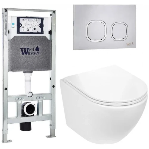 Комплект унитаза с инсталляцией WeltWasser AMBERG 506 ST + MERZBACH 043 GL-WT + AMBERG RD-MT CR 10000011299 цвет Белый глянцевый с сиденьем Микролифт и клавишей смыва цвет Хром матовый