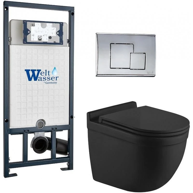 Комплект унитаза с инсталляцией WeltWasser MARBERG 507 + HEIMBACH 043 MT-BL + MAR 507 SE-CR 10000012256 цвет Черный матовый с сиденьем Микролифт и клавишей смыва цвет Хром