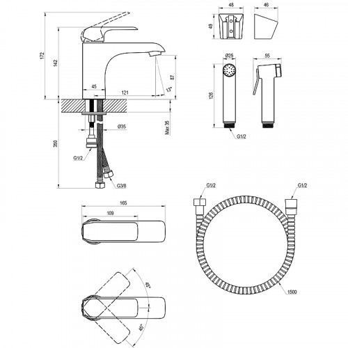 Смеситель для раковины Ravak Flat FL 112.20BL X070439 с гигиеническим душем Черный матовый латунь