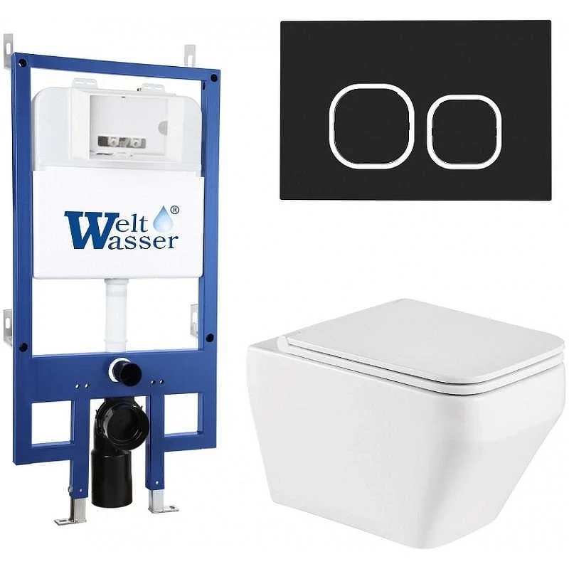 Комплект унитаза с инсталляцией WeltWasser BAMBERG 545 + HOFBACH 041 GL-WT + BAMBERG BL 10000013588 цвет Белый глянцевый с сиденьем Микролифт и клавишей смыва цвет Черный