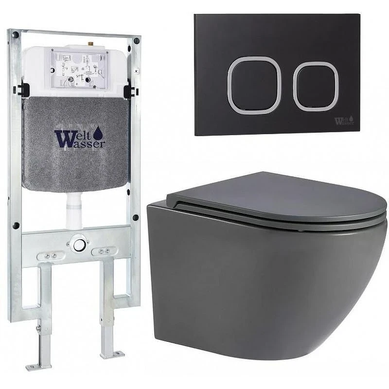 Комплект унитаза с инсталляцией WeltWasser AMBERG 497 ST + MERZBACH 043 MT-GR + AMBERG RD-BL 10000011375 цвет Серый матовый с сиденьем Микролифт и клавишей смыва цвет Черный