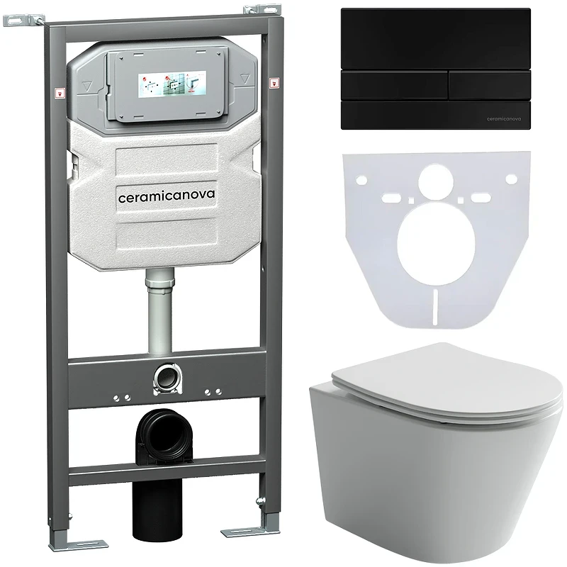 Комплект унитаза с инсталляцией Ceramicanova Balearica CN6000_1002B_1000 с сиденьем Микролифт и Черной матовой клавишей смыва фарфор подвесной