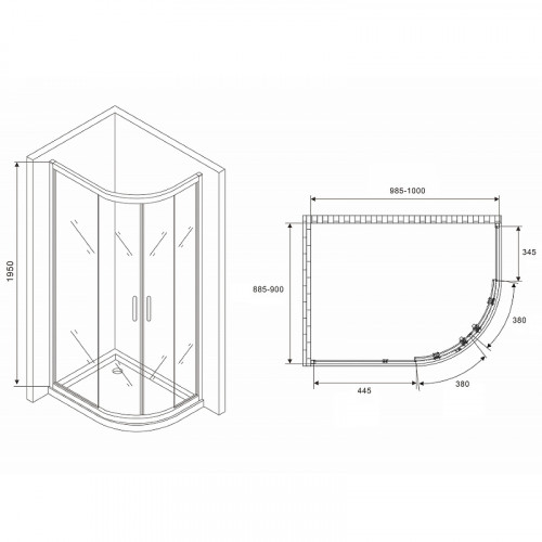 Душевой уголок Abber Schwarzer Diamant 100x90 AG01190M профиль Хром стекло матовое