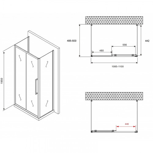 Душевой уголок Abber Schwarzer Diamant 110x50 AG30110BH-S50B-S50B профиль Черный стекло прозрачное