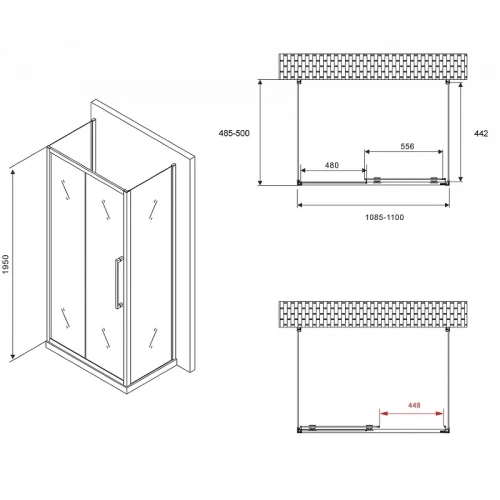 Душевой уголок Abber Schwarzer Diamant 110x50 AG30110BH-S50B-S50B профиль Черный стекло прозрачное