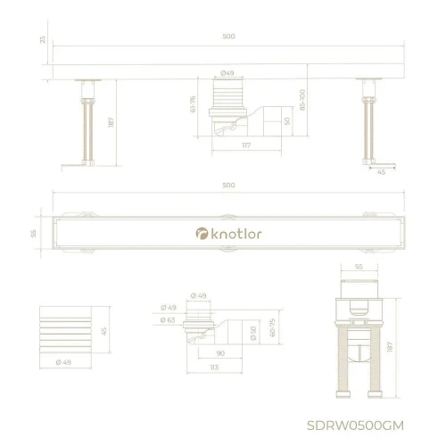 Душевой лоток Knotlor Земля 50 SDRW0500GM с решеткой цвет Вороненая сталь