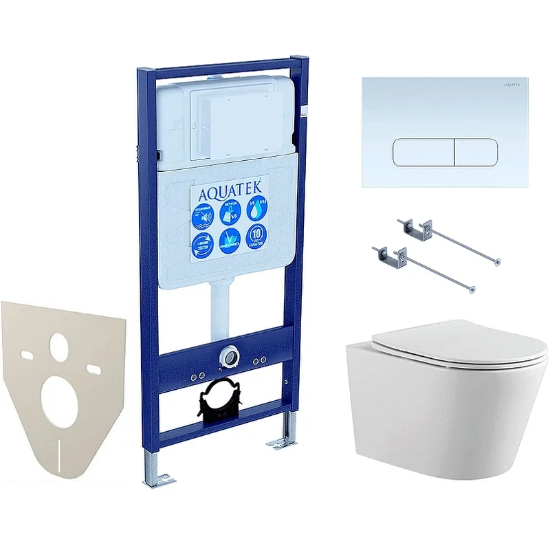 Комплект унитаза с инсталляцией Aquatek Set Aquatek Вега-1905-013 KK-1 с сиденьем Микролифт и Белой клавишей смыва фарфор подвесной