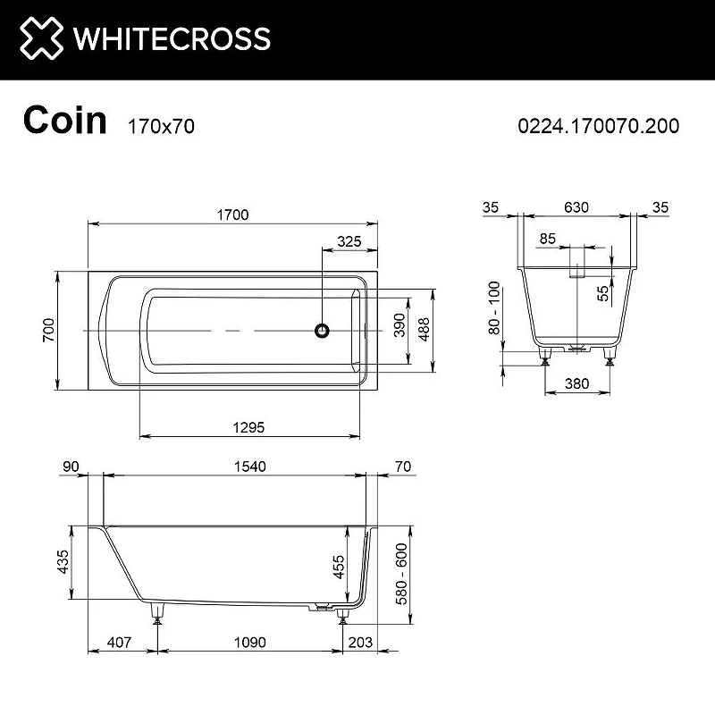 Ванна из искусственного камня Whitecross Coin 170x70 0224.170070.200 цвет Белый матовый