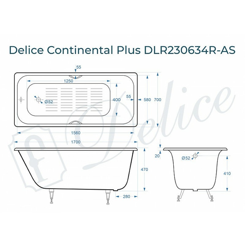 Чугунная ванна Delice Continental Plus 170x70 DLR230634R-AS с отверстиями под ручки с антискользящим покрытием