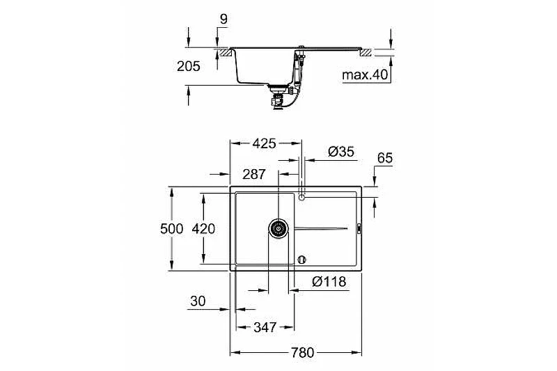 Кухонная мойка Grohe K400 78 31639AP0 Черный гранит искусственный камень (литьевой мрамор) встраиваемый
