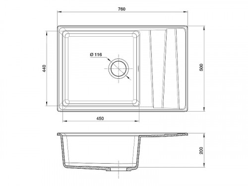 Кухонная мойка GranFest Level GF-LV-760L Графит искусственный камень (литьевой мрамор) встраиваемый