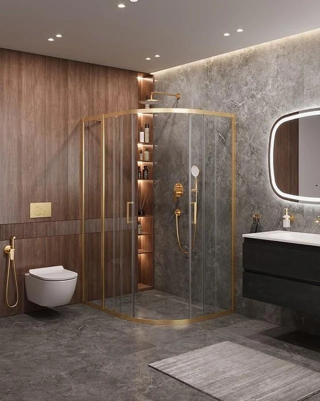 Душевой уголок Cezares Molveno 130x100 MOLVENO-RH-2-130/100-C-BORO-IV профиль Брашированное золото стекло прозрачное