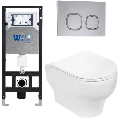 Комплект унитаза с инсталляцией WeltWasser AMBERG 506 + ERLENBACH 004 GL-WT + AMBERG RD-CR 10000006772 цвет Белый глянцевый с сиденьем Микролифт и клавишей смыва цвет Хром
