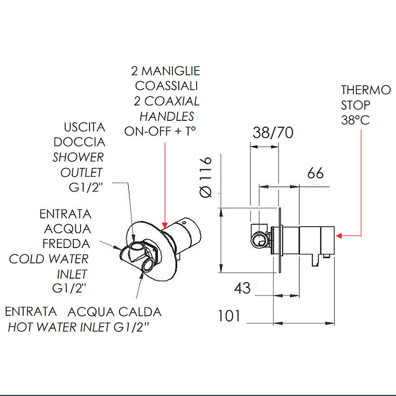 Смеситель для душа Remer Minimal Thermo NT30VO с термостатом Медь латунь встраиваемый