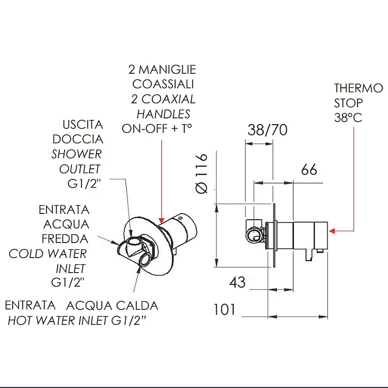 Смеситель для душа Remer Minimal Thermo NT30VO с термостатом Медь латунь встраиваемый