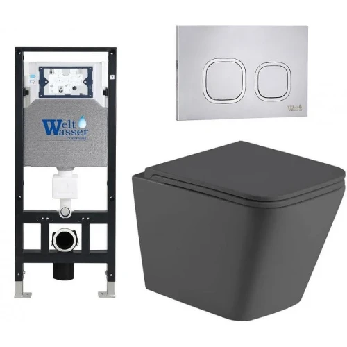 Комплект унитаза с инсталляцией WeltWasser AMBERG 506 + GELBACH 043 MT-GR + AMBERG RD-MT CR 10000012027 цвет Серый матовый с сиденьем Микролифт и клавишей смыва цвет Хром матовый