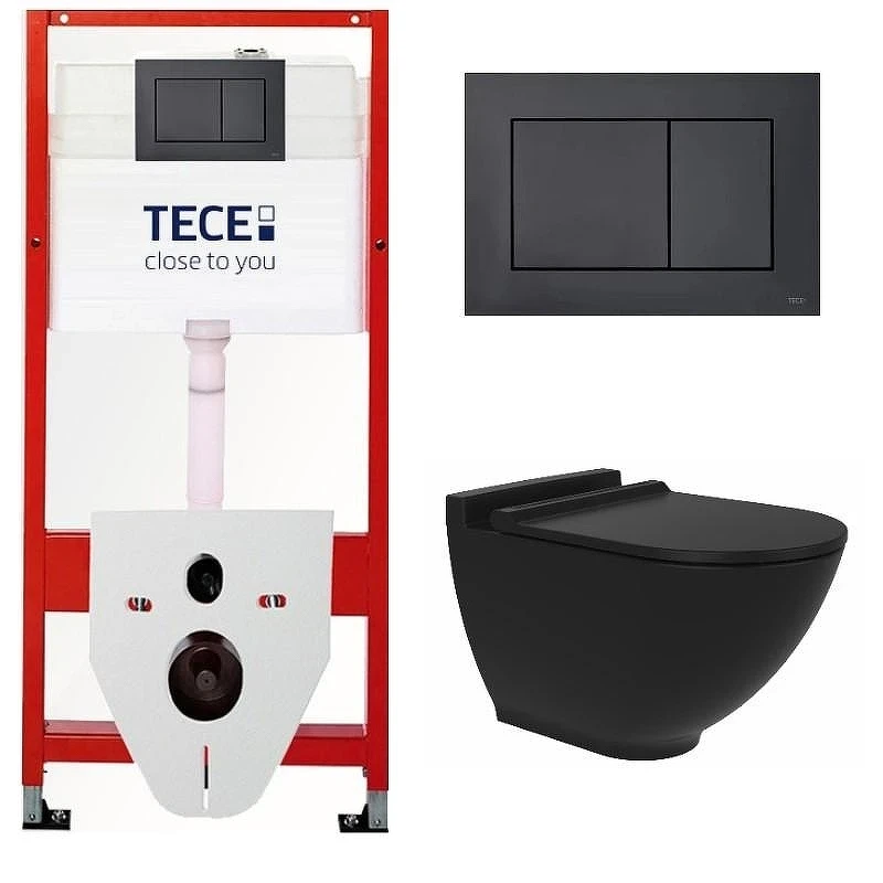 Комплект унитаза биде с инсталляцией Tece Base TC414102510 с сиденьем Микролифт и клавишей смыва цвет Черный