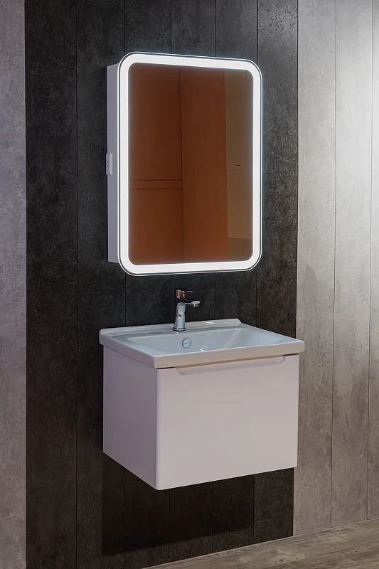 Зеркальный шкаф Silver Mirrors Фиджи Flip 60 LED-00002657 с подсветкой Белый МДФ / ЛДСП, стекло