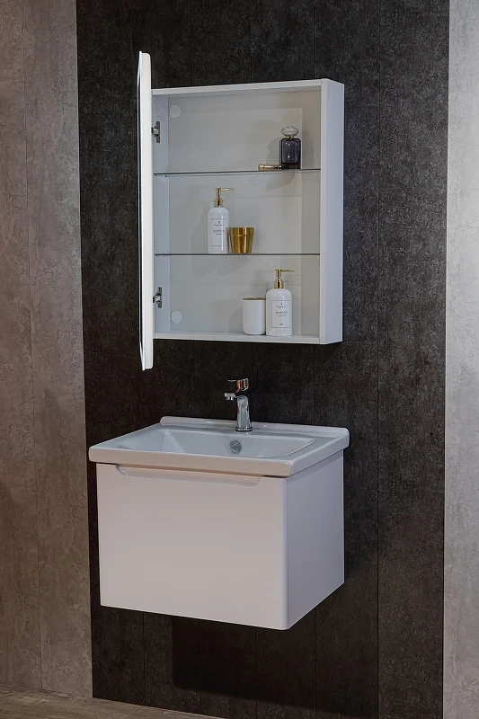 Зеркальный шкаф Silver Mirrors Фиджи Flip 60 LED-00002657 с подсветкой Белый МДФ / ЛДСП, стекло