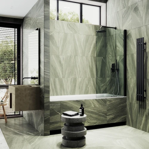 Шторка на ванну Maybah Glass MGV-600-6 800x1400 поворотная на монопетле Черный стекло прозрачное