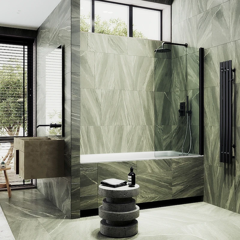 Шторка на ванну Maybah Glass MGV-600-6 800x1400 поворотная на монопетле Черный стекло прозрачное