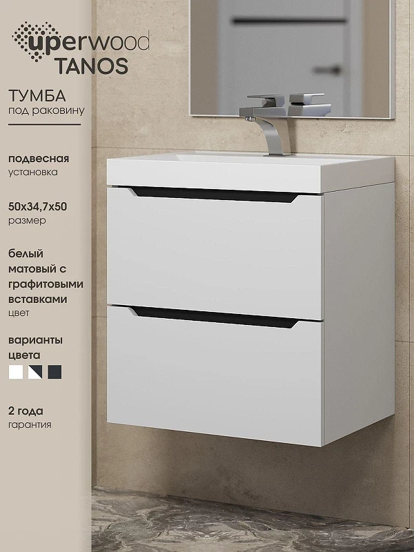 Тумба под раковину Uperwood Tanos 50 2930205149 подвесная цвет Белый матовый Графит матовый