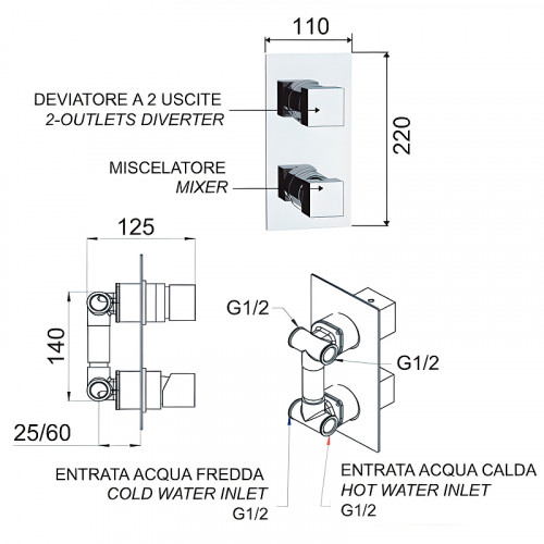 Смеситель для душа Remer SQ3 S923 Хром латунь встраиваемый