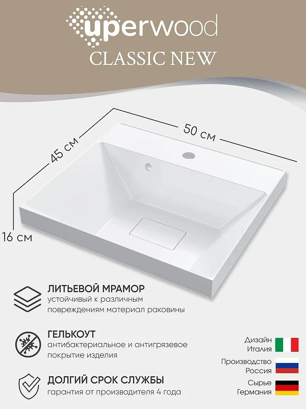 Раковина Uperwood Classic New 50 2910210024 цвет Белый глянцевый