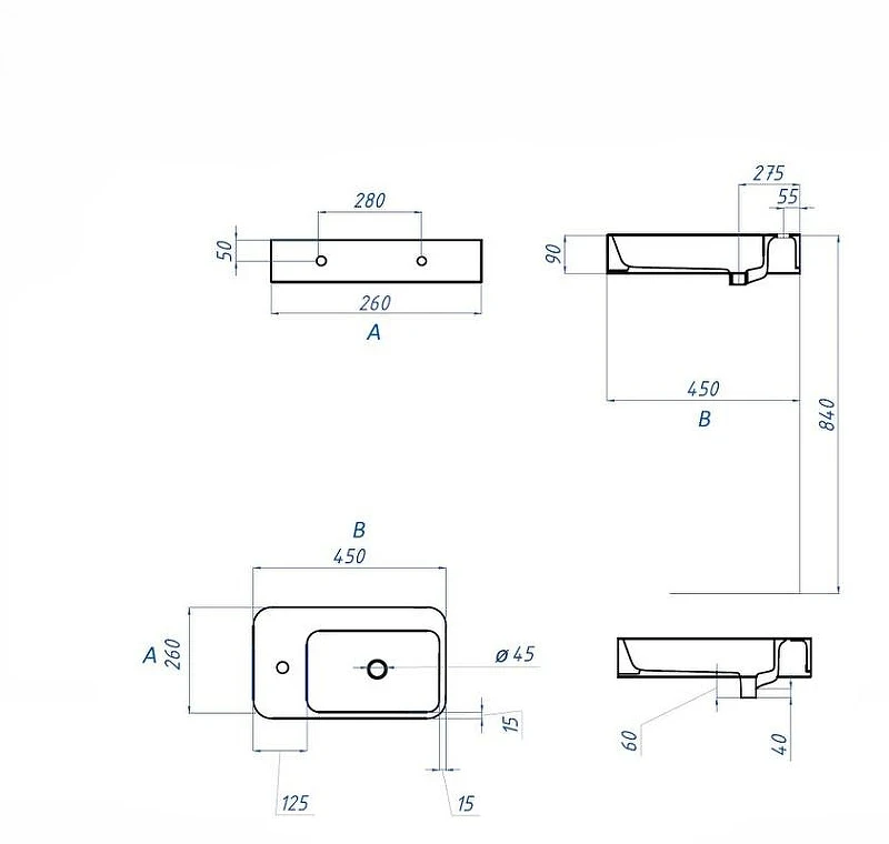 Мини-раковина Corpa Nera Longo 45 L CN50901 цвет Белый