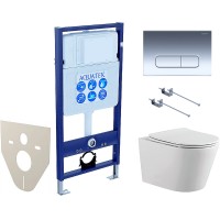 Комплект унитаза с инсталляцией Aquatek Set Aquatek Вега-1905-016 KK-1 с сиденьем Микролифт и клавишей смыва Хром глянцевый фарфор подвесной
