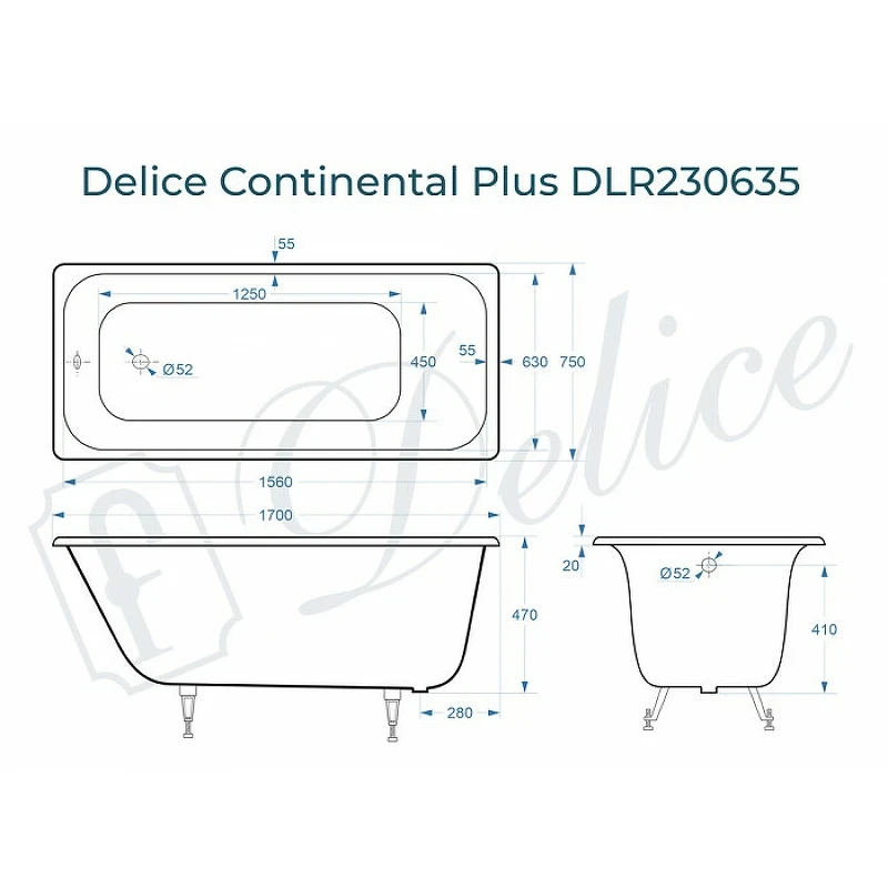 Чугунная ванна Delice Continental Plus 170x75 DLR230635 без отверстий под ручки и антискользящего покрытия