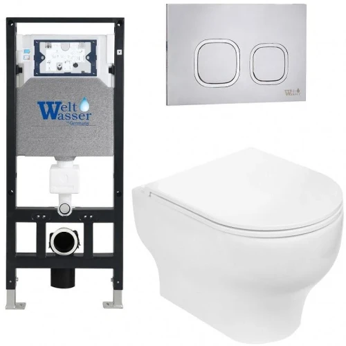 Комплект унитаза с инсталляцией WeltWasser AMBERG 506 + ERLENBACH 004 GL-WT + AMBERG RD-MT CR 10000006773 цвет Белый глянцевый с сиденьем Микролифт и клавишей смыва цвет Хром матовый