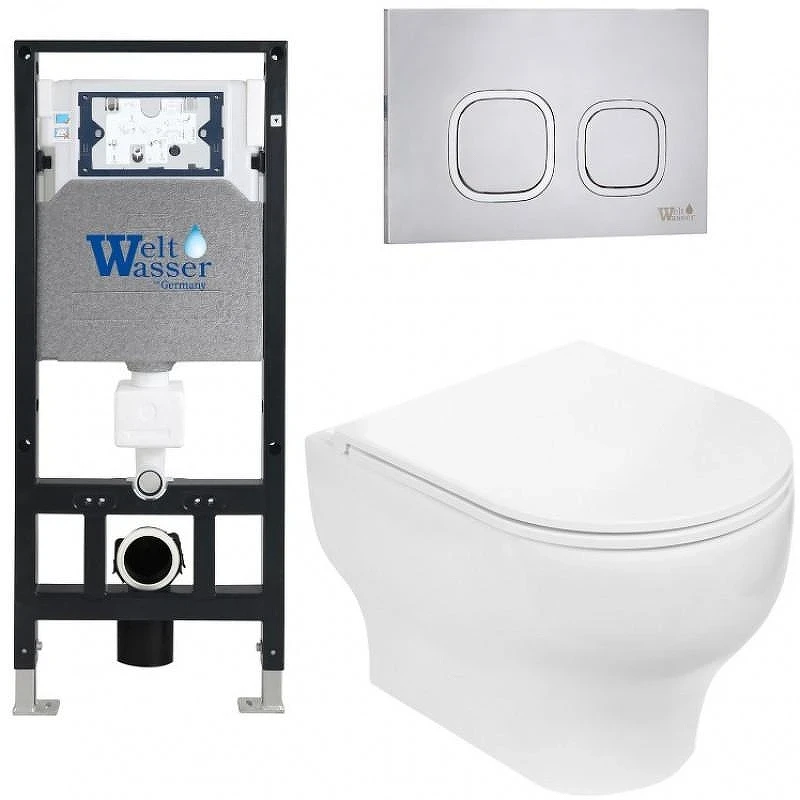 Комплект унитаза с инсталляцией WeltWasser AMBERG 506 + ERLENBACH 004 GL-WT + AMBERG RD-MT CR 10000006773 цвет Белый глянцевый с сиденьем Микролифт и клавишей смыва цвет Хром матовый