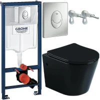 Унитаз с инсталляцией CeramaLux B2330В + Grohe Rapid SL 38721001 с сиденьем Микролифт и клавишей смыва Хром