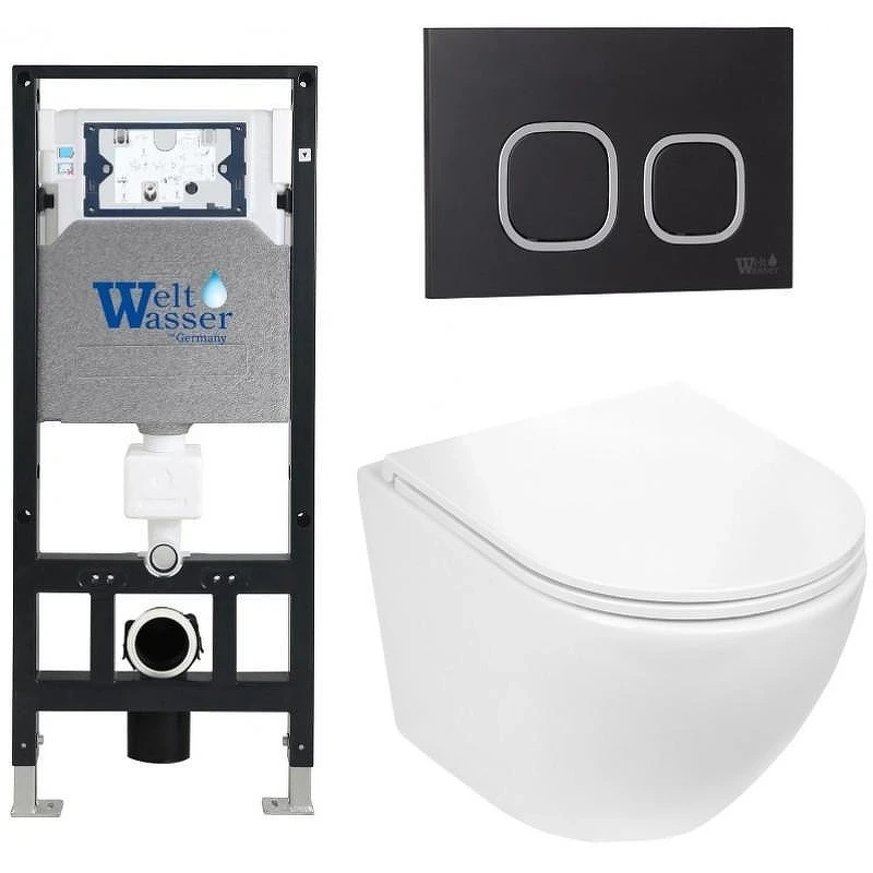 Комплект унитаза с инсталляцией WeltWasser AMBERG 506 + MERZBACH 043 GL-WT + AMBERG RD-BL 10000011302 цвет Белый глянцевый с сиденьем Микролифт и клавишей смыва цвет Черный