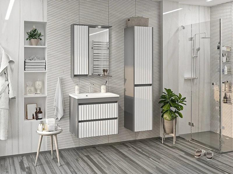 Зеркало со шкафом Brevita Balaton 65 L BAL-04065-01-01Л с подсветкой Белое матовое Серое матовое МДФ / ЛДСП, стекло