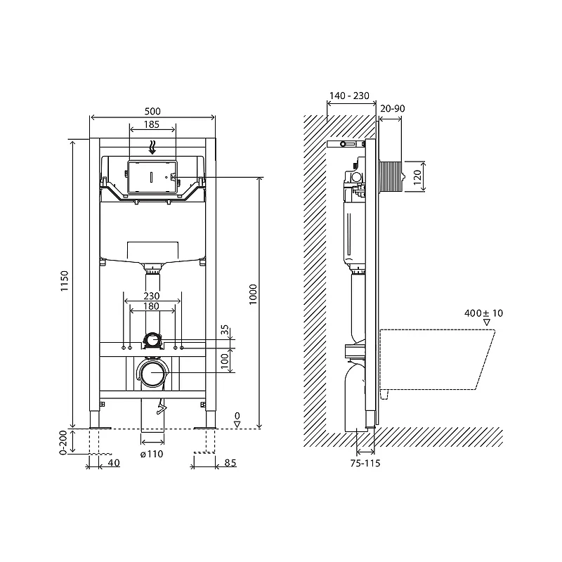 Инсталляция BelBagno BB001-120/BB007-PR-NERO.M с Черной матовой клавишей смыва пластик