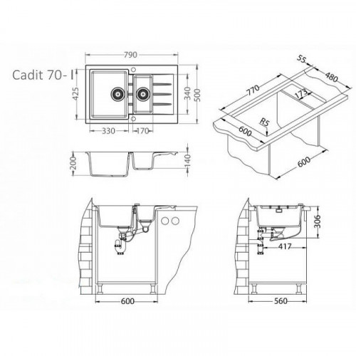 Кухонная мойка Alveus Granital Cadit 70 Carbon G91 790x500 1131361 Угольная искусственный камень (литьевой мрамор) встраиваемый