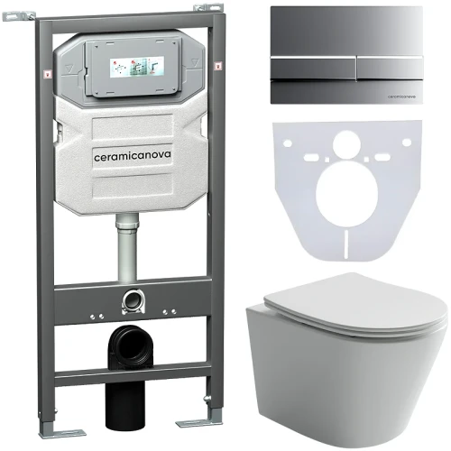 Комплект унитаза с инсталляцией Ceramicanova Balearica CN6000_1002M_1000 с сиденьем Микролифт и клавишей смыва Хром матовый фарфор подвесной