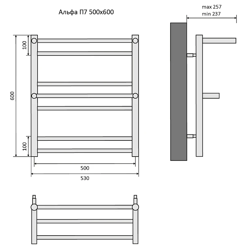 Водяной полотенцесушитель Aquatek Альфа П7 500x600 AQ RRP0760BL с полкой Черный муар нержавеющая сталь