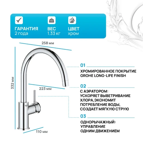 Смеситель для кухни Grohe BauClassic 31535001 Хром латунь