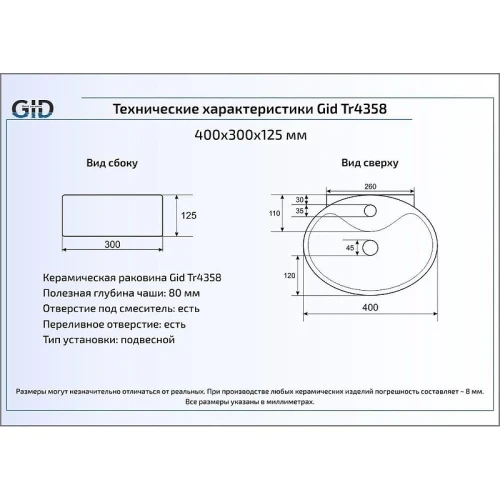 Раковина Gid Suspendido 40 Tr4358 61117 цвет Белый