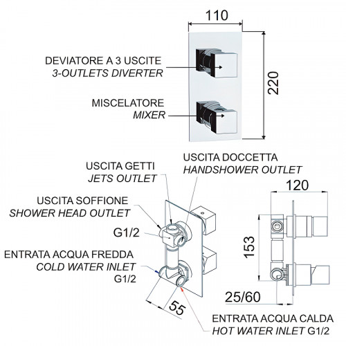 Смеситель для душа Remer SQ3 S933 Хром латунь встраиваемый