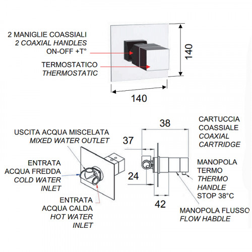 Смеситель для душа Remer Qubica Thermo QT30NO с термостатом Черный матовый латунь встраиваемый