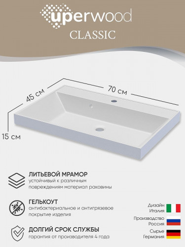 Раковина Uperwood Classic 70 291020336 цвет Белый глянцевый