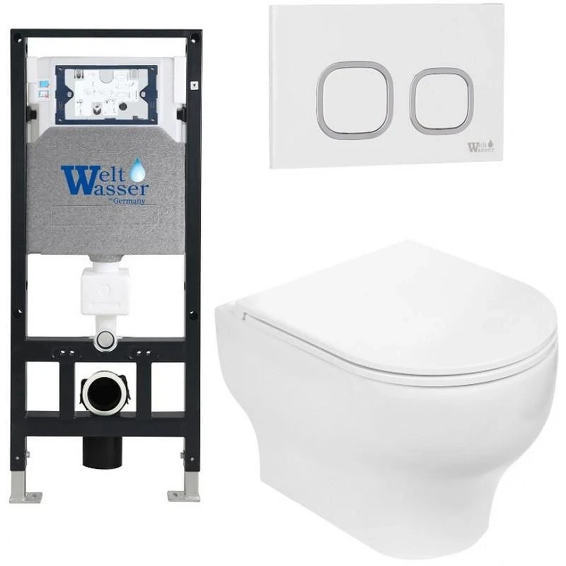 Комплект унитаза с инсталляцией WeltWasser AMBERG 506 + ERLENBACH 004 GL-WT + AMBERG RD-WT 10000006774 цвет Белый глянцевый с сиденьем Микролифт и клавишей смыва цвет Белый