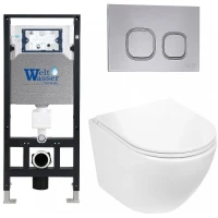 Комплект унитаза с инсталляцией WeltWasser AMBERG 506 + MERZBACH 043 GL-WT + AMBERG RD-CR 10000011303 цвет Белый глянцевый с сиденьем Микролифт и клавишей смыва цвет Хром